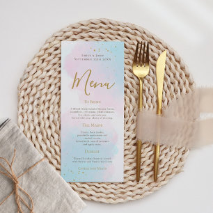 Elegant Pink Blue Watercolor Gold Splash Wedding Menu