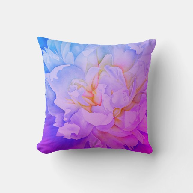 Elegant pink blue watercolor peony floral painting cushion (Front)
