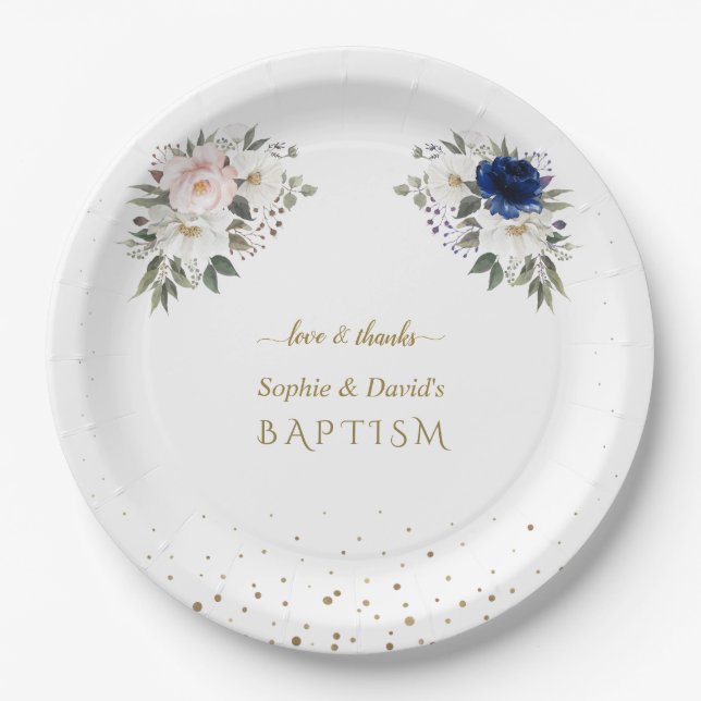 Elegant Pink Blue White Flowers Twins Baptism   Paper Plate (Front)