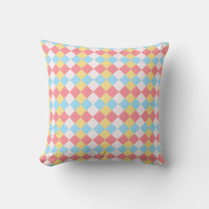 Elegant Pink Blue, Yellow & White Diamond Pattern Cushion