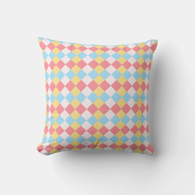 Elegant Pink Blue, Yellow & White Diamond Pattern Cushion (Front)