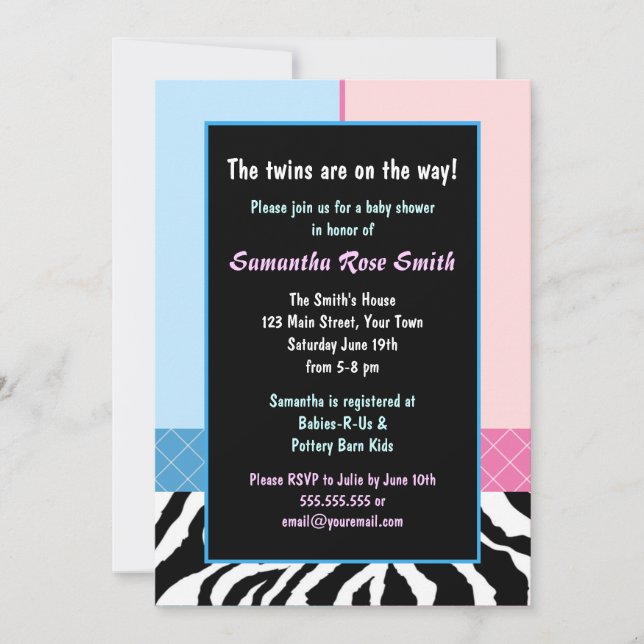 Elegant Pink Blue Zebra Boy/Girl Twins Baby Shower Invitation (Front)