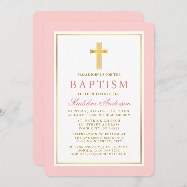 Elegant Pink Blush and Gold Baptism Invitation (Front/Back)