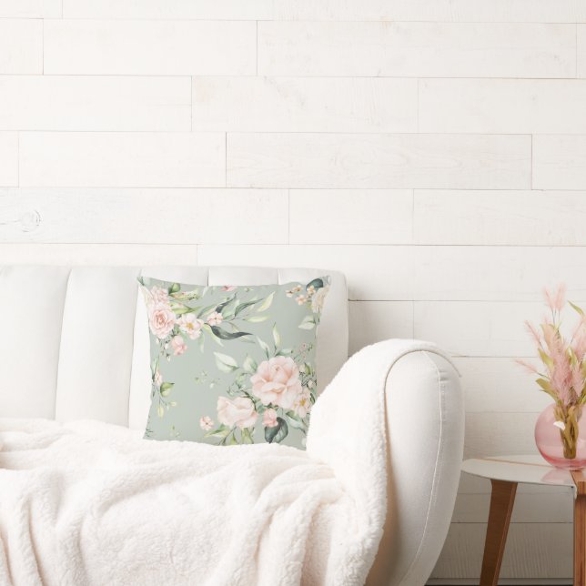 Elegant Pink Blush Eucalyptus Sage Green Cushion (Couch)