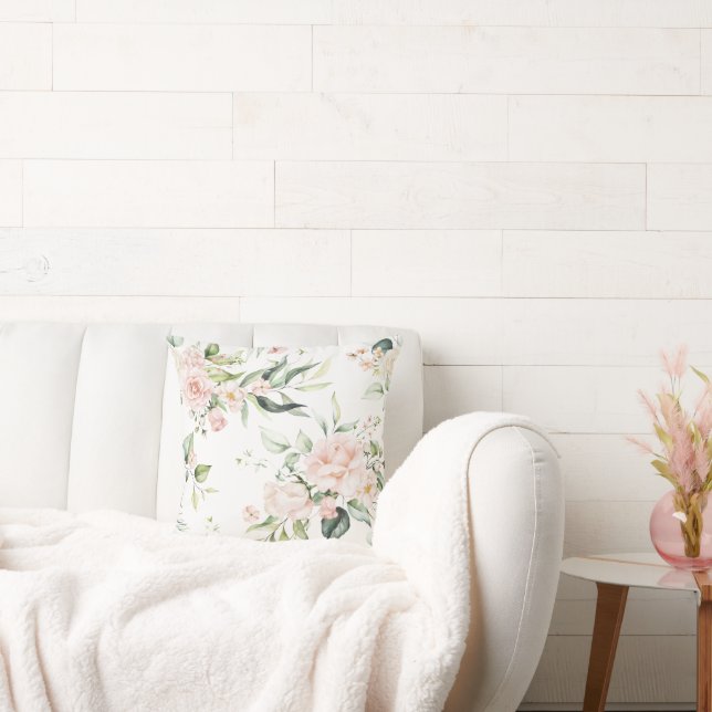 Elegant Pink Blush Eucalyptus White Cushion (Couch)