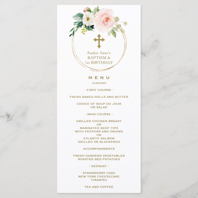 Elegant Pink Blush Floral 1st Birthday & Baptism Menu (Front)