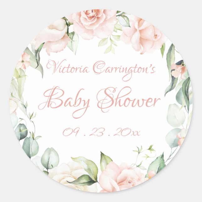Elegant Pink Blush Floral Baby Shower  Classic Round Sticker (Front)