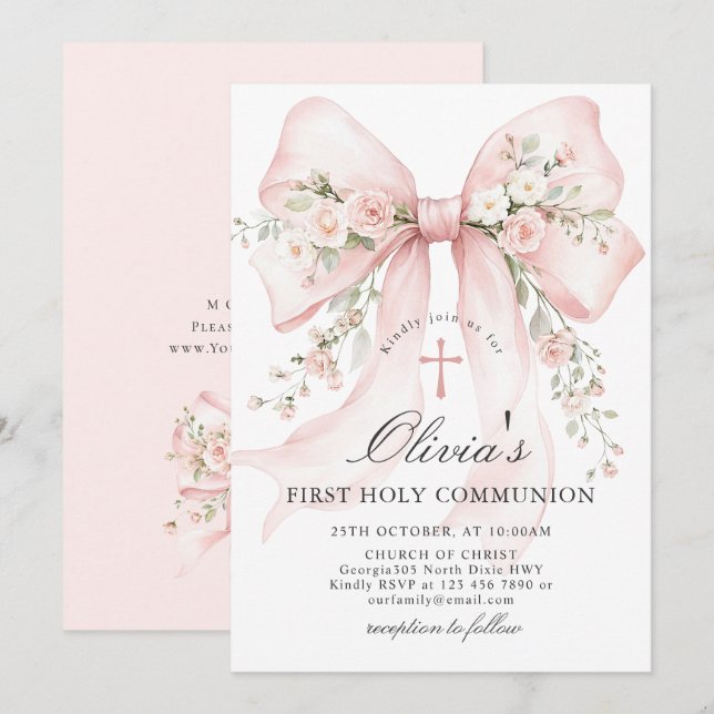 Elegant Pink Blush Floral Bow First Holy Communion Invitation (Front/Back)
