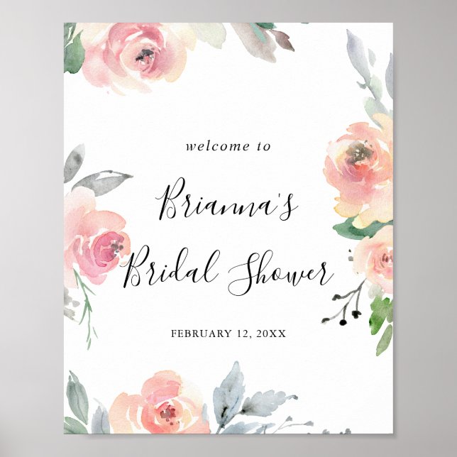 Elegant Pink Blush Floral Bridal Shower Welcome Poster (Front)