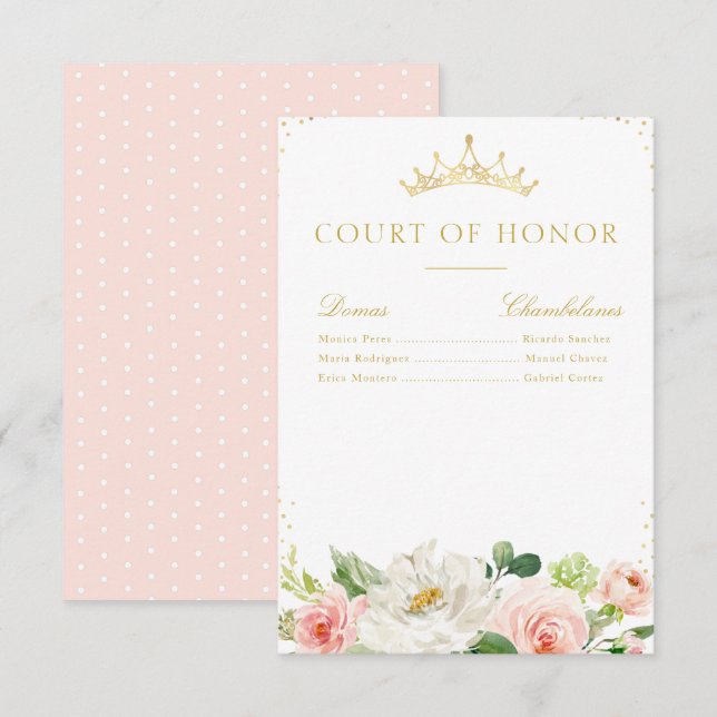 Elegant pink blush floral court of honour card (Front/Back)