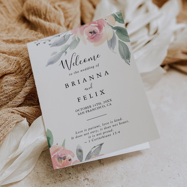 Elegant Pink Blush Floral Folded Wedding Programme (Creator Uploaded)