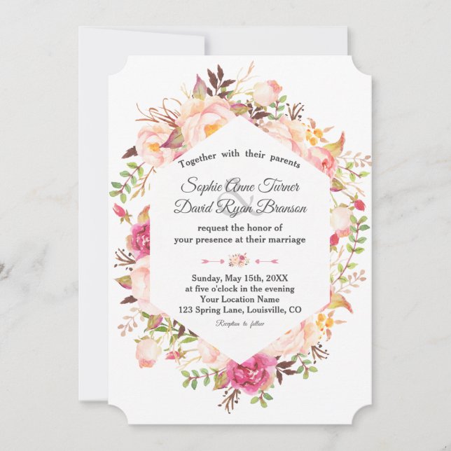 Elegant Pink Blush Floral Geometric Wedding Invitation (Front)