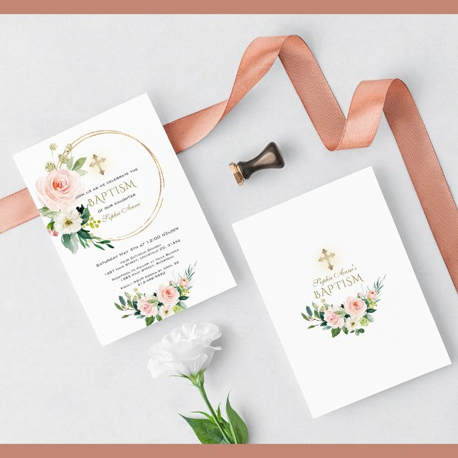 Elegant Pink Blush Floral Gold Cross Baptism Invitation (Creator Uploaded)