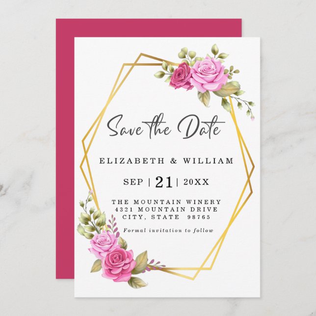 Elegant Pink Blush Floral Gold Geometric Save The Date (Front/Back)