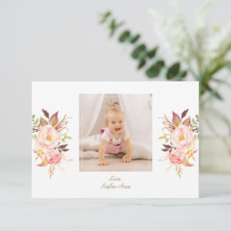Elegant Pink Blush Floral Gold Girl Photo Baptism Thank You Card