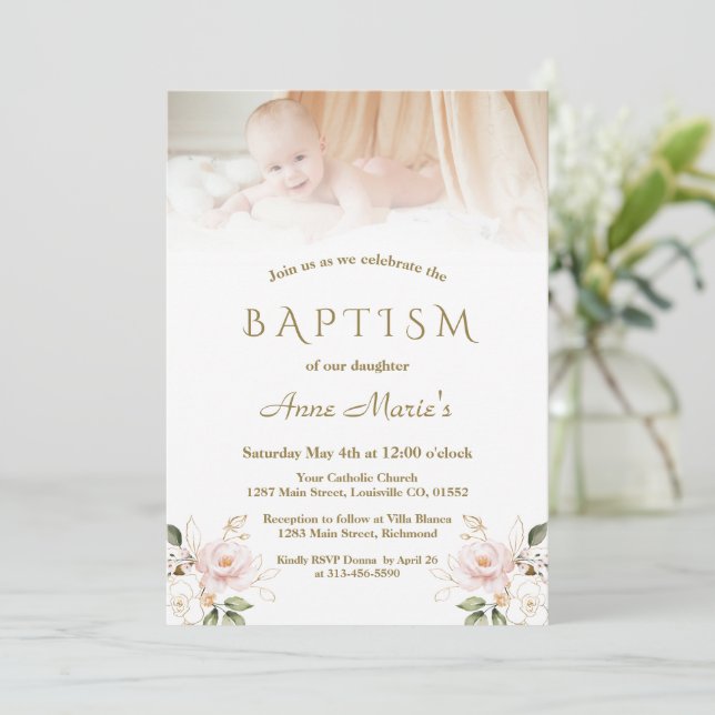 Elegant Pink Blush Floral Gold Photo Girl Baptism Invitation (Standing Front)