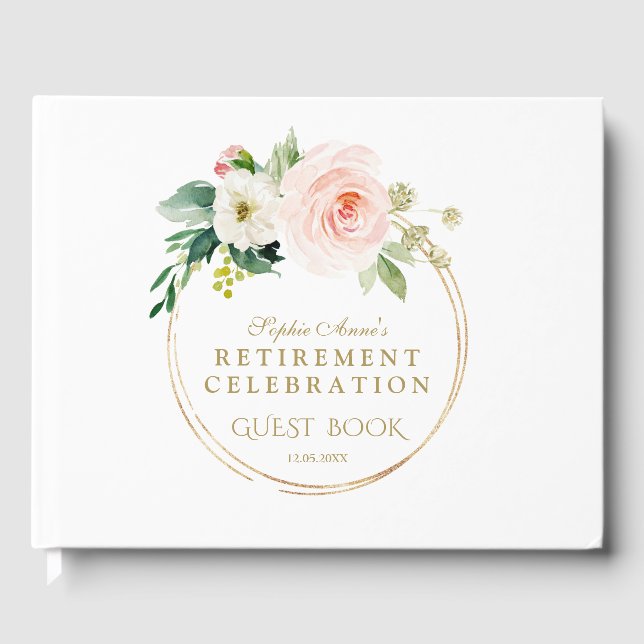 Elegant Pink Blush Floral Gold Retirement Party Guest Book (Front)