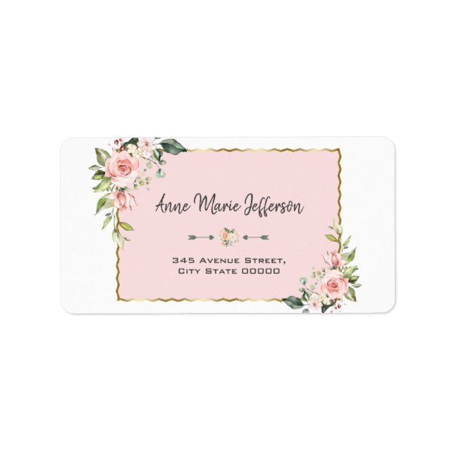 Elegant Pink Blush Floral Gold Wedding Label (Front)