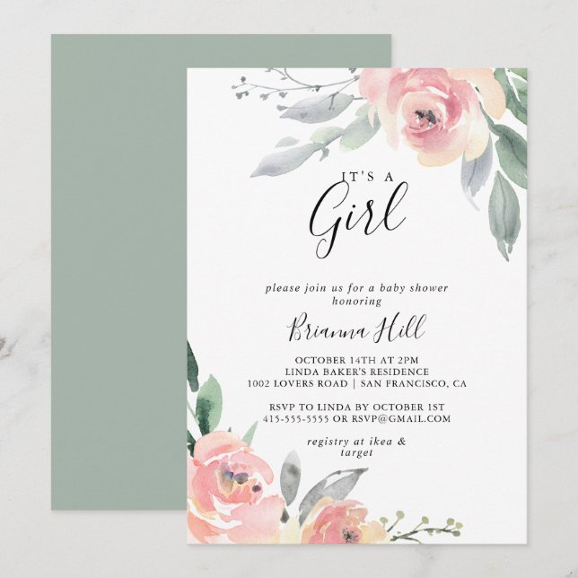 Elegant Pink Blush Floral It's A Girl Baby Shower Invitation (Front/Back)