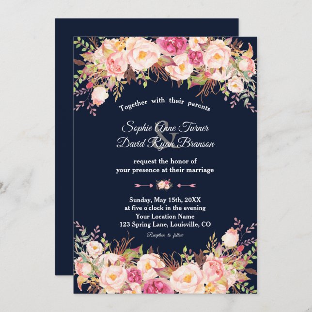 Elegant Pink Blush Floral Navy Blue Wedding Invitation (Front/Back)