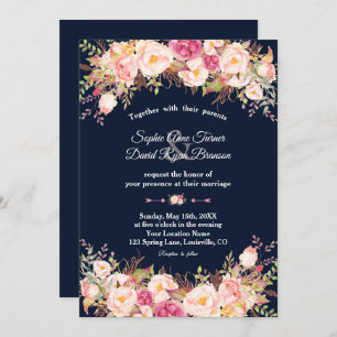 Elegant Pink Blush Floral Navy Blue Wedding Invitation