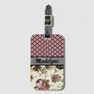 Elegant Pink Blush Floral  Quatrefoil Personalised Luggage Tag