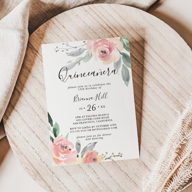 Elegant Pink Blush Floral Quinceañera Invitation (Creator Uploaded)