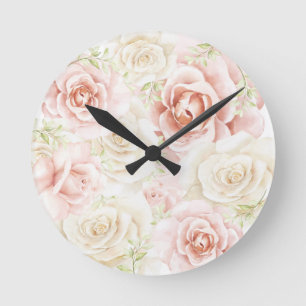Elegant Pink Blush Floral Round Clock