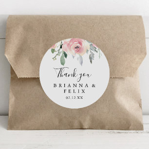 Elegant Pink Blush Floral Thank You Wedding Favour Classic Round Sticker
