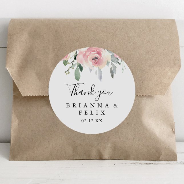 Elegant Pink Blush Floral Thank You Wedding Favour Classic Round Sticker (Creator Uploaded)