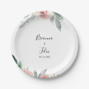 Elegant Pink Blush Floral Wedding Cake Paper Plate