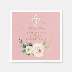 Elegant Pink Blush Floral White Cross Baptism Napkin