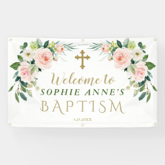 Elegant Pink Blush Flowers Baptism Welcome Sign