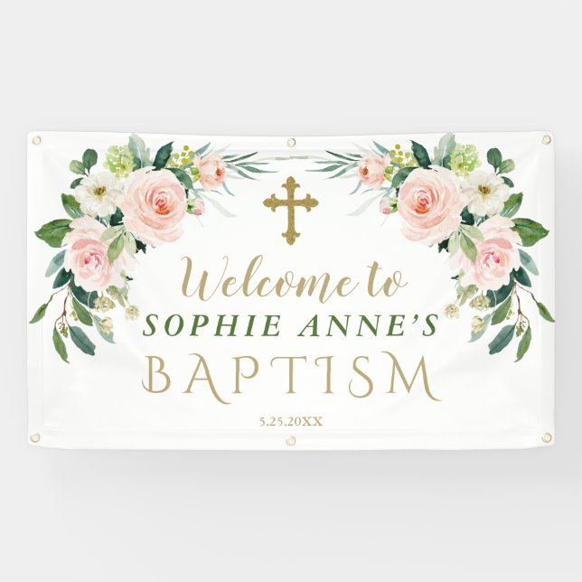 Elegant Pink Blush Flowers Baptism Welcome Sign (Horizontal)