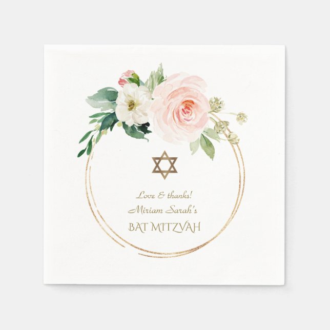 Elegant Pink Blush Flowers Gold Bat Mitzvah Napkin (Front)