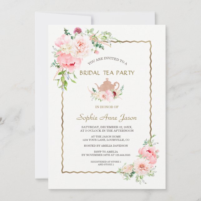 Elegant Pink Blush Flowers Gold Bridal Tea Party Invitation (Front)