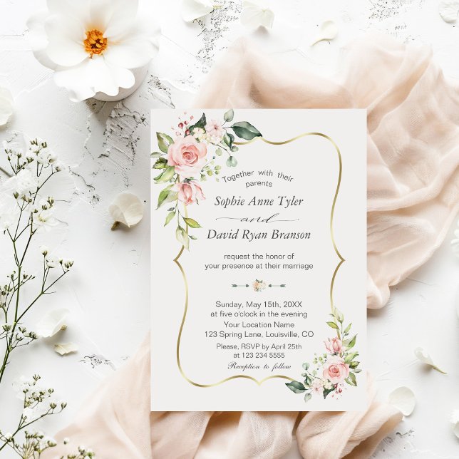 Elegant Pink Blush Flowers Gold Frame Wedding Invitation (Creator Uploaded)