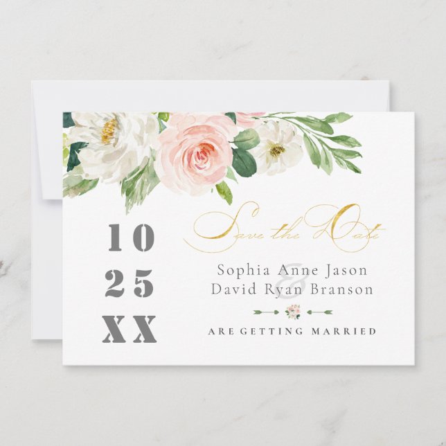 Elegant Pink Blush Flowers Wedding Gold Save The Date (Front)