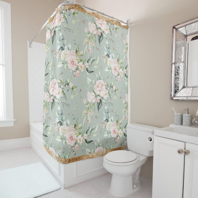 Elegant Pink Blush Gold Eucalyptus Sage Shower Curtain (In Situ)