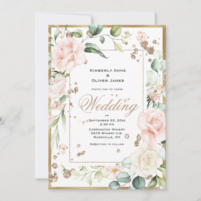 Elegant Pink Blush Gold Floral Wedding Invitation (Front)