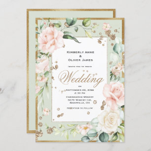 Elegant Pink Blush Gold Floral Wedding Invitation