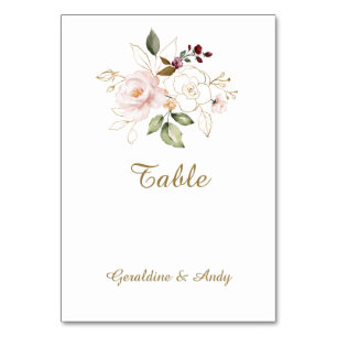 Elegant Pink Blush Gold Flowers Wedding Table Number