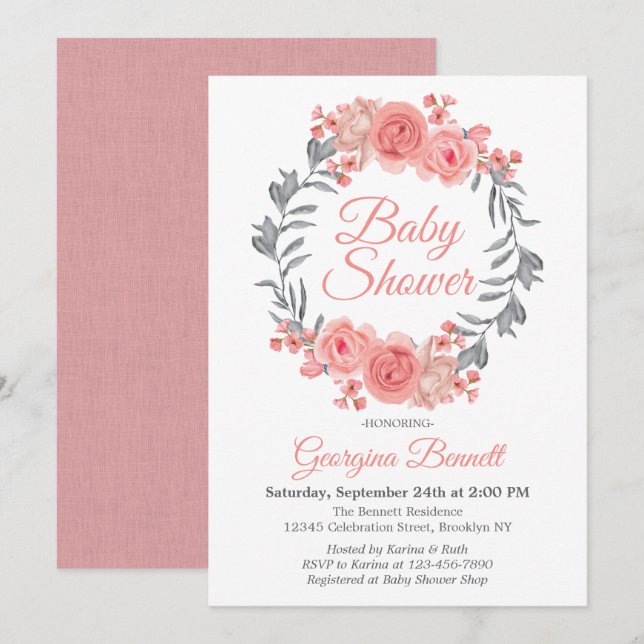 Elegant Pink Blush Grey Floral Wreath Baby Shower Invitation (Front/Back)