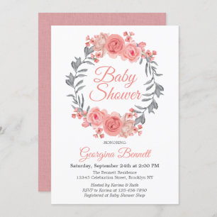 Elegant Pink Blush Grey Floral Wreath Baby Shower Invitation