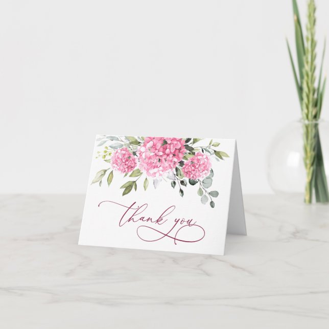Elegant Pink Blush Hydrangea Eucalyptus Floral Thank You Card (Front)