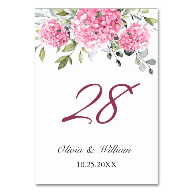 Elegant Pink Blush Hydrangea Eucalyptus Wedding Table Number (Front)