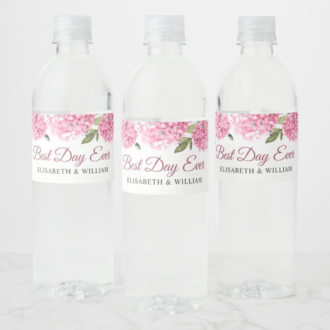 Elegant Pink Blush Hydrangea Eucalyptus Wedding Water Bottle Label (Bottles)