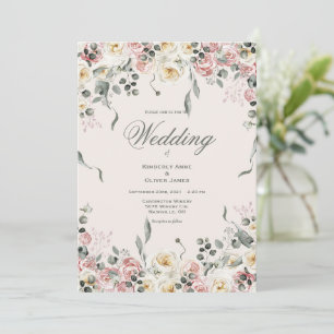 Elegant Pink Blush Ivory Floral Wedding Invitation
