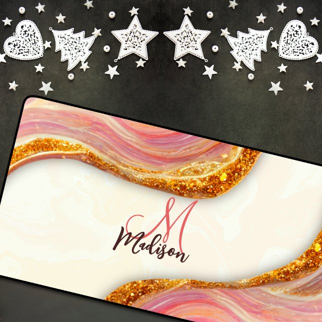 Elegant pink blush marble art faux gold glitter desk mat (Creator Uploaded)