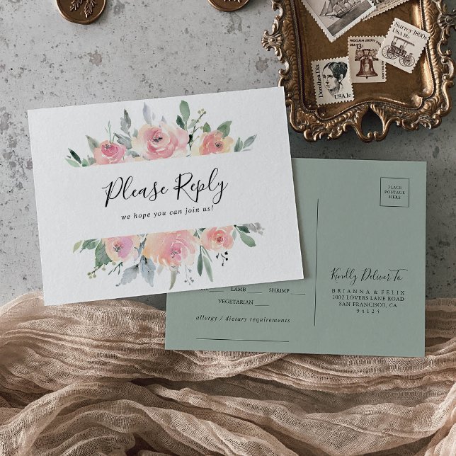 Elegant Pink Blush Menu Choice RSVP Postcard (Creator Uploaded)